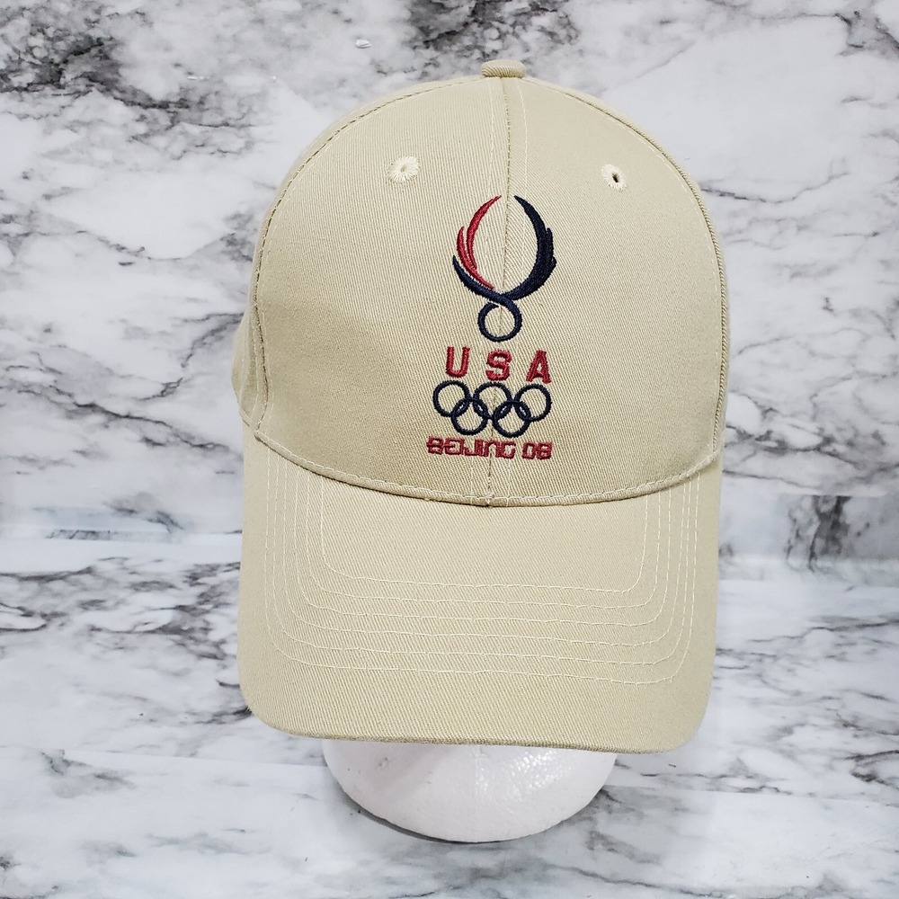 USA Olympics 08 Beijing Hat Adults One Size Beige‎ Adjustable Snap Back Baseball
